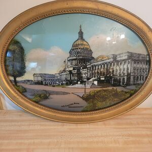 Antique Framed Oval Dome-Shaped Painted Glass Wall Hanging U.S. Capitol